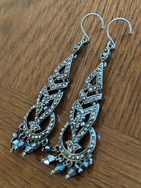 Monet Sterling-Tone Filigree & Marcasite Drop Earrings with Beads